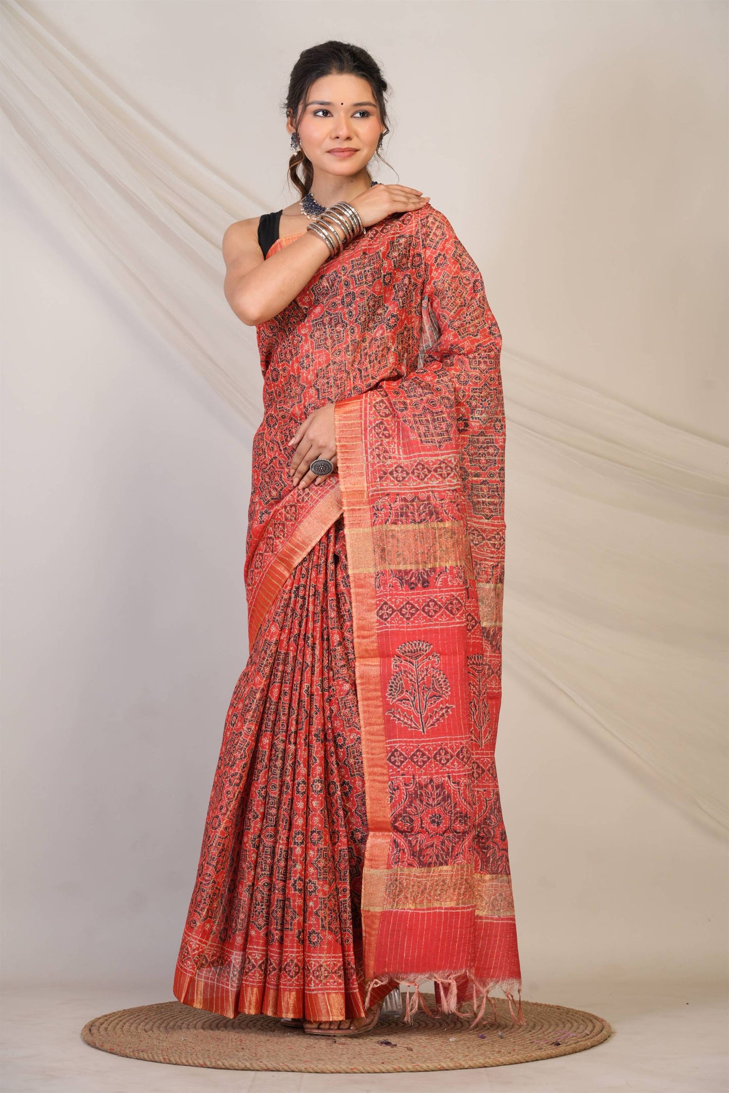 Anuttara Bhagalpuri Red Cotton Silk (Art Silk) Ajrakh Saree with Unstitched Blouse_AFS1460-FS