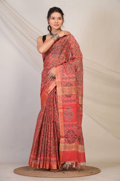 Anuttara Bhagalpuri Red Cotton Silk (Art Silk) Ajrakh Saree with Unstitched Blouse_AFS1460-FS