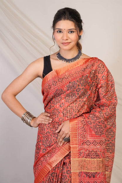Anuttara Bhagalpuri Red Cotton Silk (Art Silk) Ajrakh Saree with Unstitched Blouse_AFS1460-FS