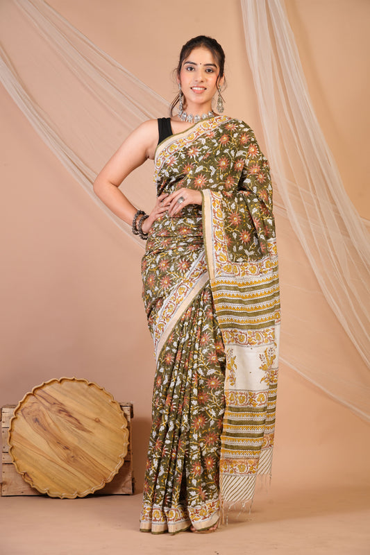 Anuttara Bhagalpuri Olive Green Cotton Silk Floral Saree with Unstitched Blouse_AFS1462-FS