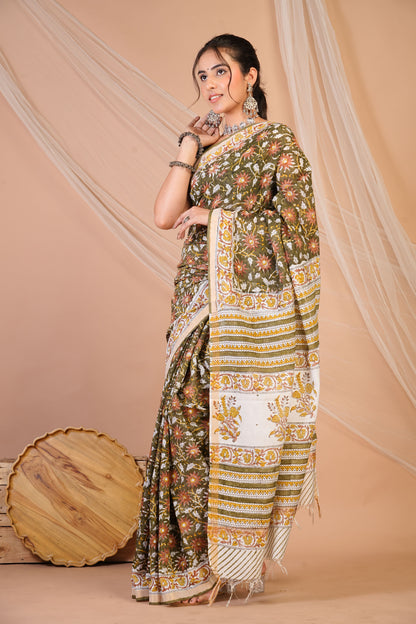 Anuttara Bhagalpuri Olive Green Cotton Silk Floral Saree with Unstitched Blouse_AFS1462-FS