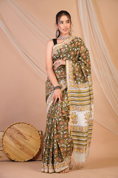 Anuttara Bhagalpuri Olive Green Cotton Silk Floral Saree with Unstitched Blouse_AFS1462-FS