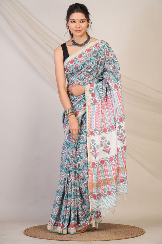 Anuttara Bhagalpuri Turquoise Cotton Silk Floral Saree with Unstitched Blouse_AFS1463-FS
