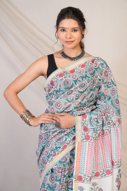 Anuttara Bhagalpuri Turquoise Cotton Silk Floral Saree with Unstitched Blouse_AFS1463-FS