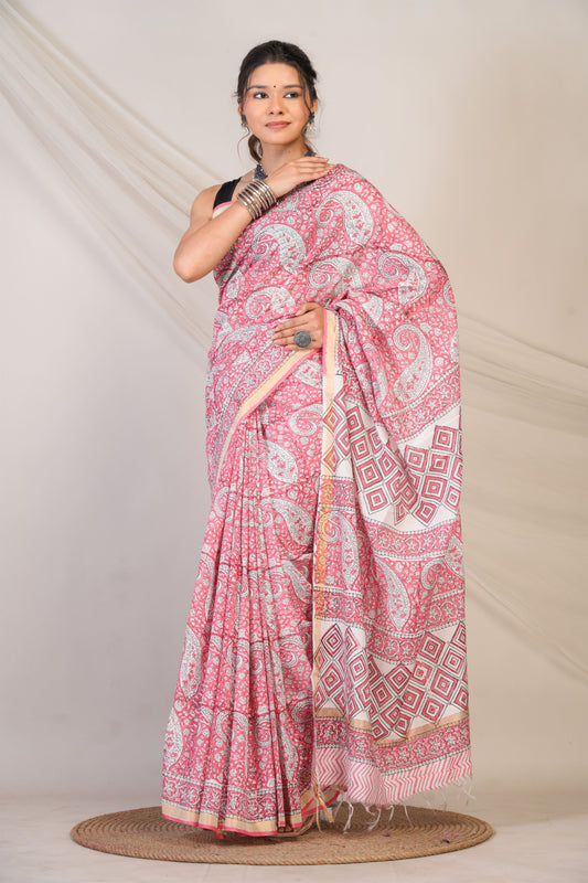 Anuttara Bhagalpuri Pink Cotton Silk Paisley, Floral Saree with Unstitched Blouse_AFS1464-FS