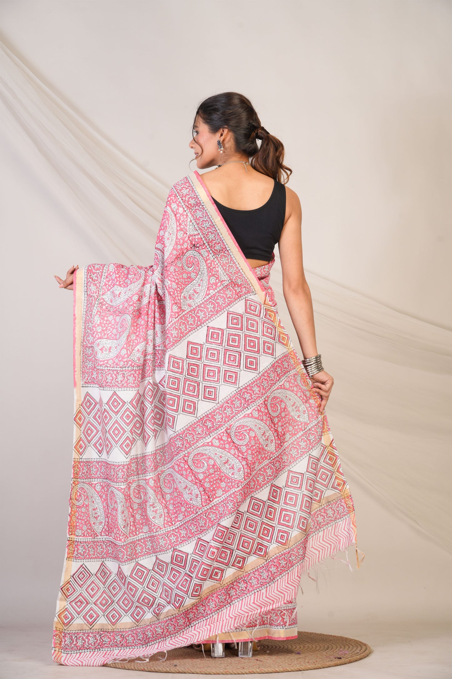 Anuttara Bhagalpuri Pink Cotton Silk Paisley, Floral Saree with Unstitched Blouse_AFS1464-FS