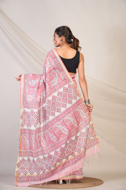 Anuttara Bhagalpuri Pink Cotton Silk Paisley, Floral Saree with Unstitched Blouse_AFS1464-FS