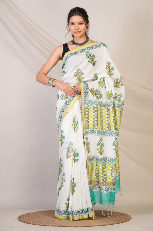 Anuttara Bhagalpuri White Cotton Silk Floral Saree with Unstitched Blouse_AFS1465-FS