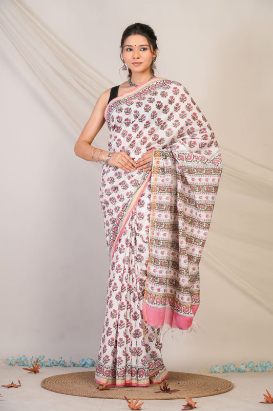Anuttara Bhagalpuri White Cotton Silk Floral Saree with Unstitched Blouse_AFS1466-FS