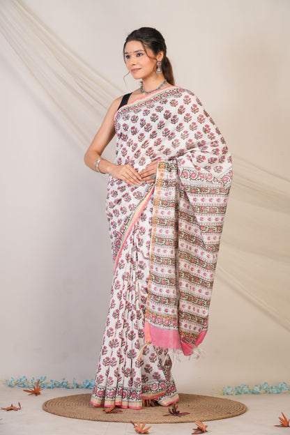 Anuttara Bhagalpuri White Cotton Silk Floral Saree with Unstitched Blouse_AFS1466-FS