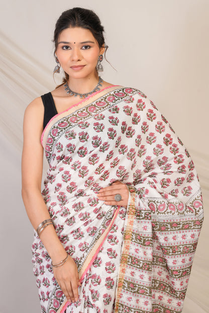 Anuttara Bhagalpuri White Cotton Silk Floral Saree with Unstitched Blouse_AFS1466-FS