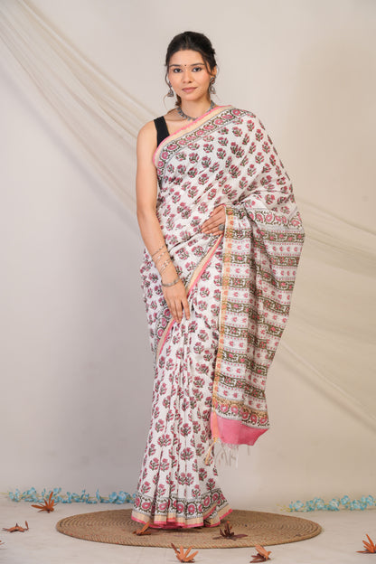 Anuttara Bhagalpuri White Cotton Silk Floral Saree with Unstitched Blouse_AFS1466-FS