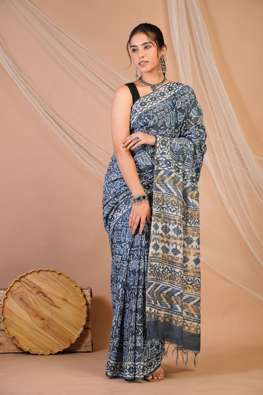 Anuttara Bhagalpuri Grey Cotton Silk Trible Saree with Unstitched Blouse_AFS1471-FS
