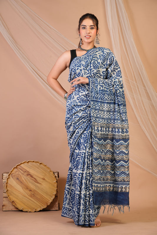 Anuttara Bhagalpuri Blue Cotton Silk Dabu Print (Hand Block) Saree with Unstitched Blouse_AFS1472-FS