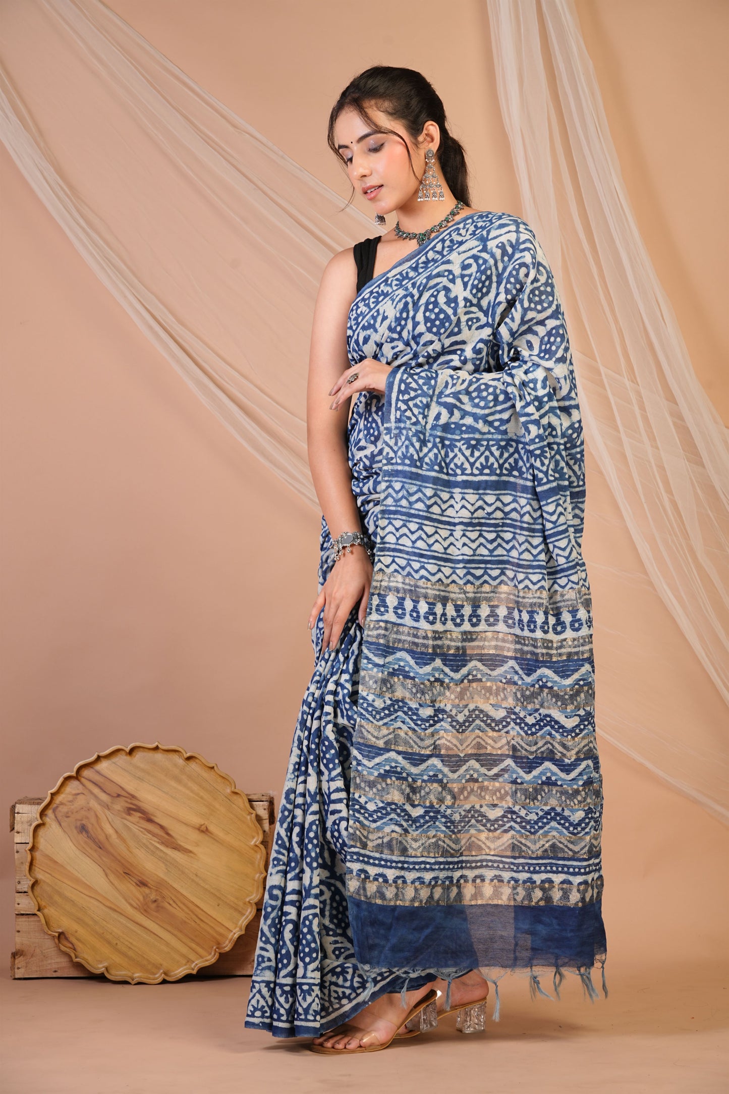 Anuttara Bhagalpuri Blue Cotton Silk Dabu Print (Hand Block) Saree with Unstitched Blouse_AFS1472-FS