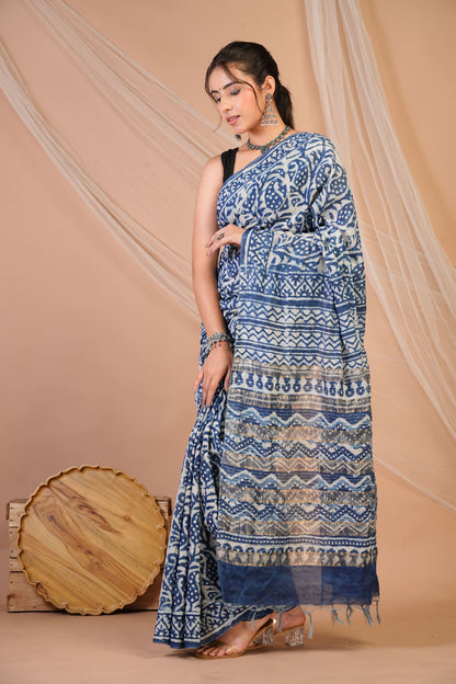 Anuttara Bhagalpuri Blue Cotton Silk Dabu Print (Hand Block) Saree with Unstitched Blouse_AFS1472-FS