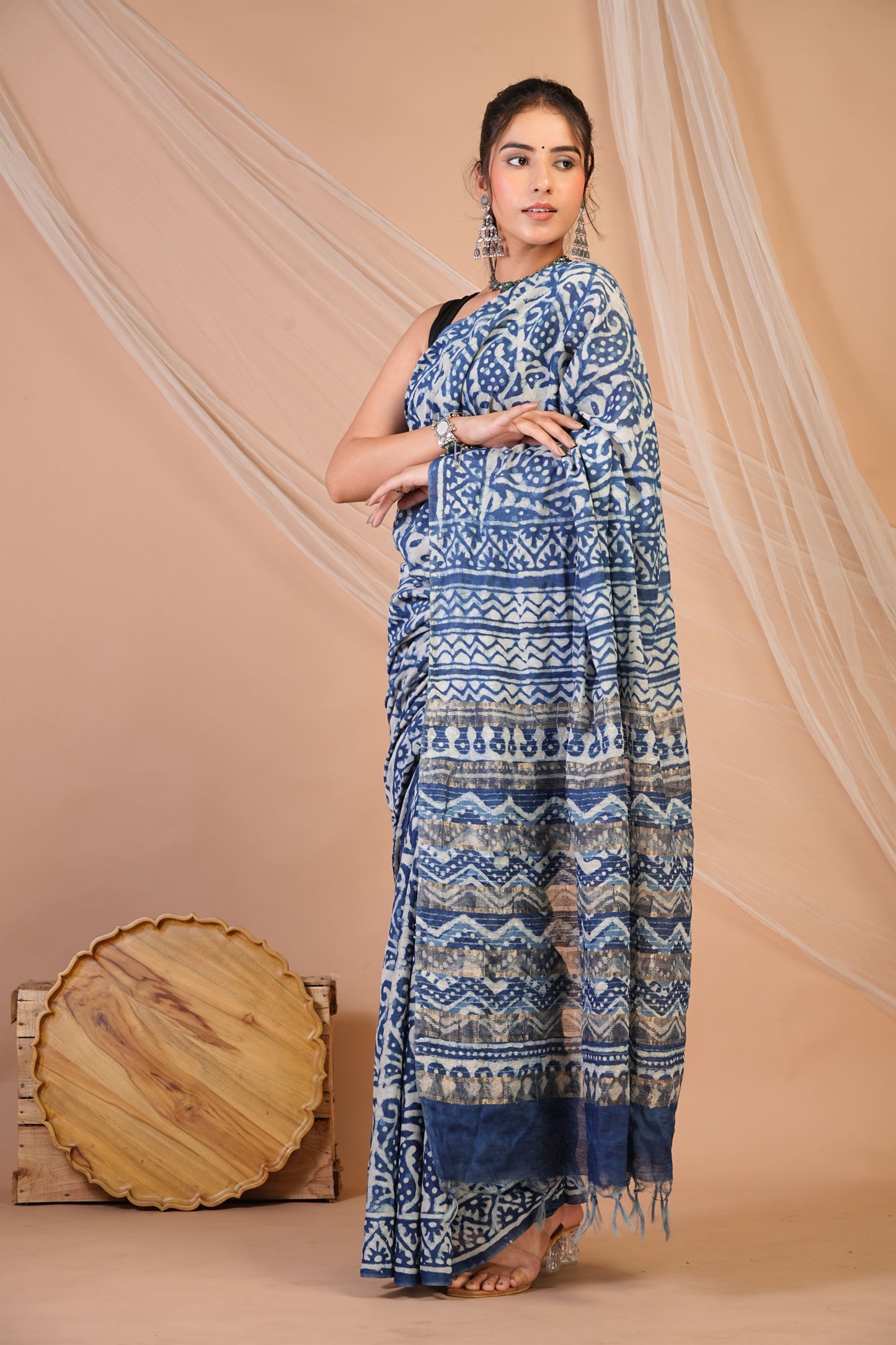 Anuttara Bhagalpuri Blue Cotton Silk Dabu Print (Hand Block) Saree with Unstitched Blouse_AFS1472-FS