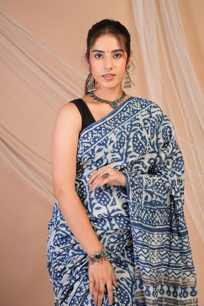 Anuttara Bhagalpuri Blue Cotton Silk Dabu Print (Hand Block) Saree with Unstitched Blouse_AFS1472-FS