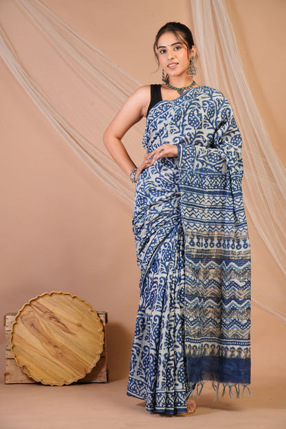 Anuttara Bhagalpuri Blue Cotton Silk Dabu Print (Hand Block) Saree with Unstitched Blouse_AFS1472-FS