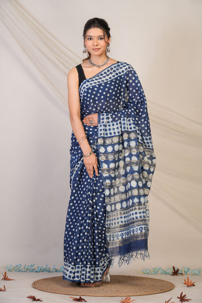 Anuttara Bhagalpuri Blue Cotton Silk Polka Dot Saree with Unstitched Blouse_AFS1473-FS