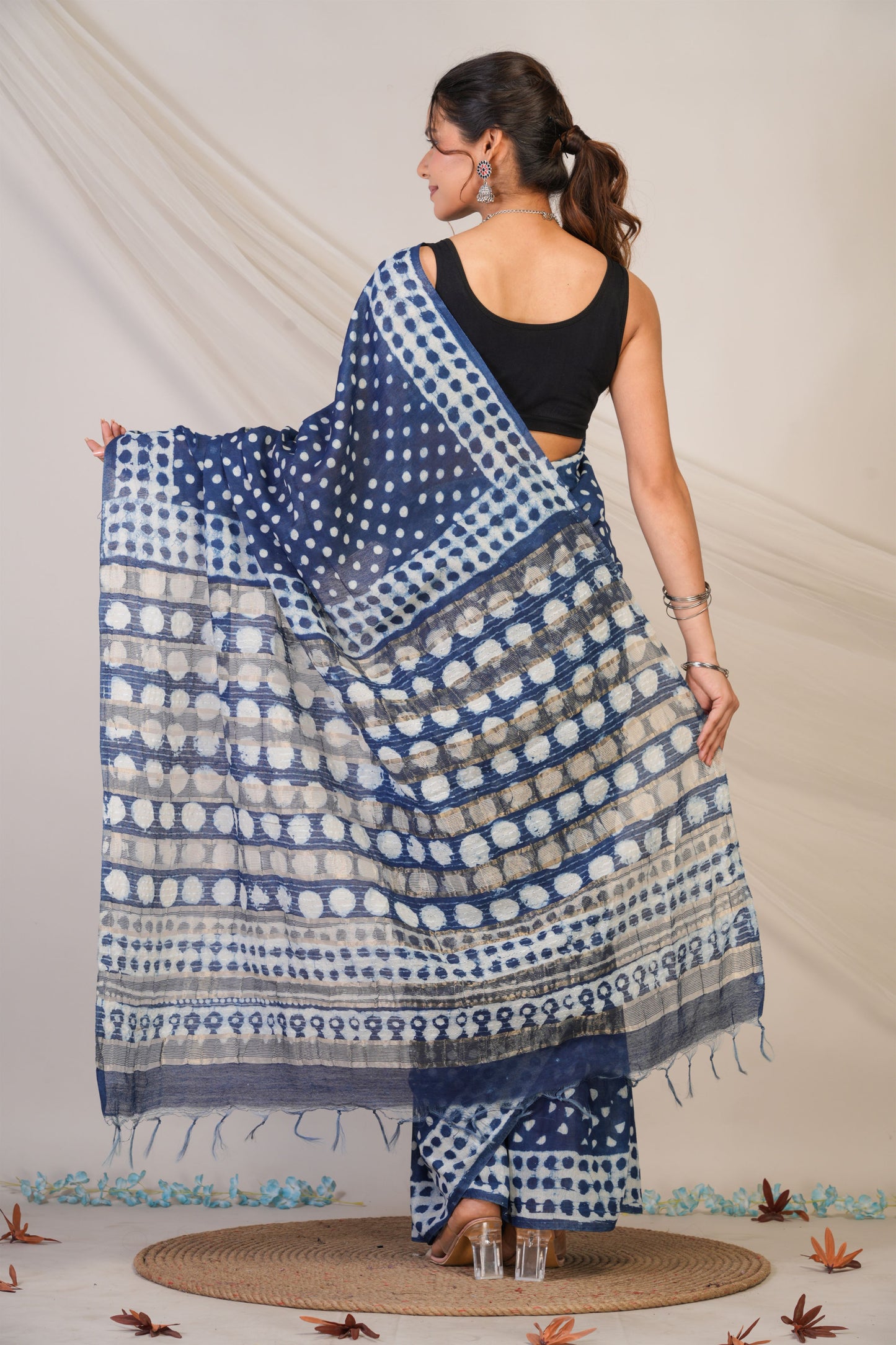 Anuttara Bhagalpuri Blue Cotton Silk Polka Dot Saree with Unstitched Blouse_AFS1473-FS