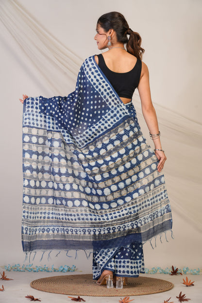 Anuttara Bhagalpuri Blue Cotton Silk Polka Dot Saree with Unstitched Blouse_AFS1473-FS