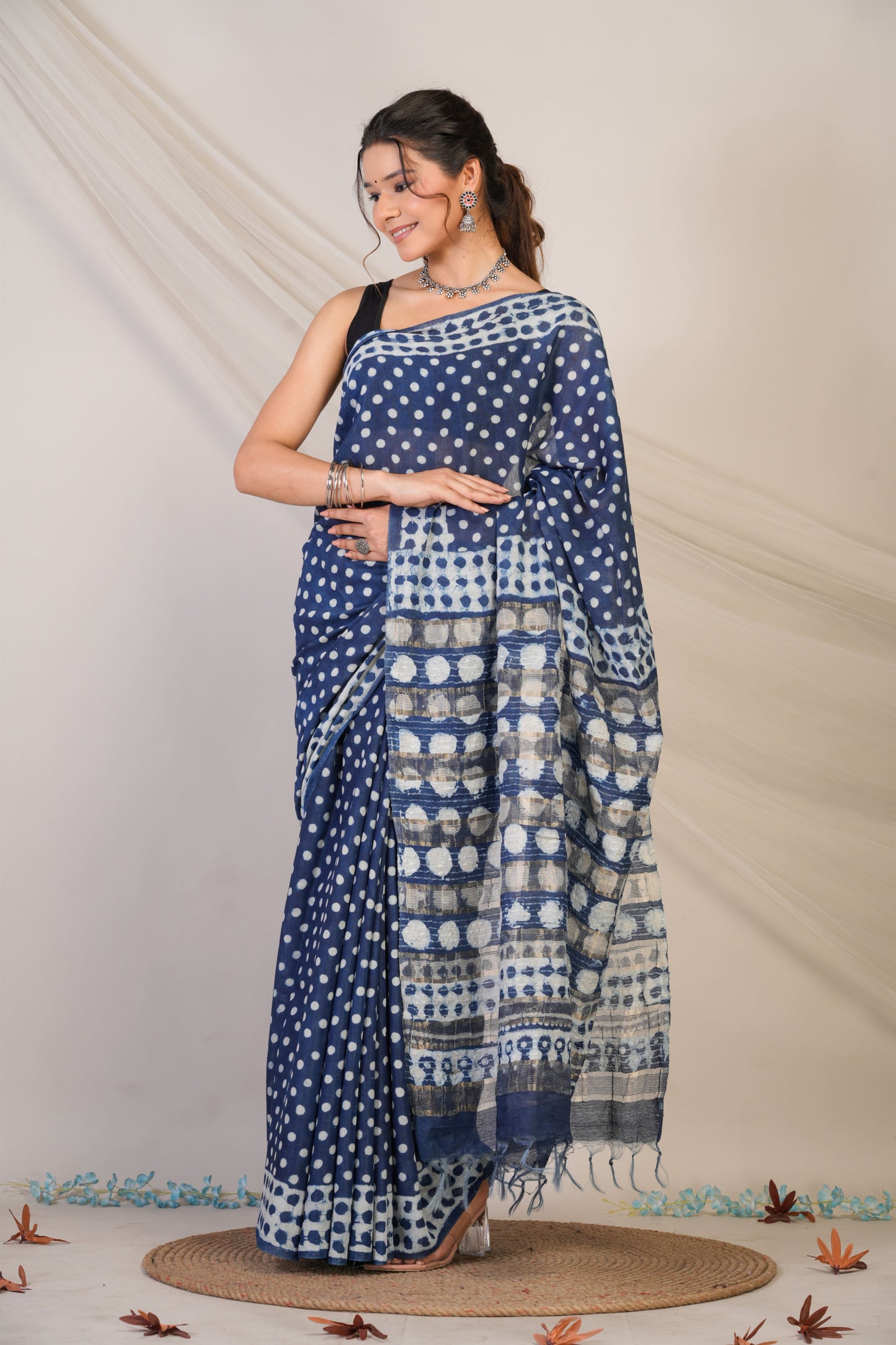 Anuttara Bhagalpuri Blue Cotton Silk Polka Dot Saree with Unstitched Blouse_AFS1473-FS