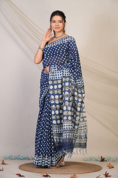 Anuttara Bhagalpuri Blue Cotton Silk Polka Dot Saree with Unstitched Blouse_AFS1473-FS