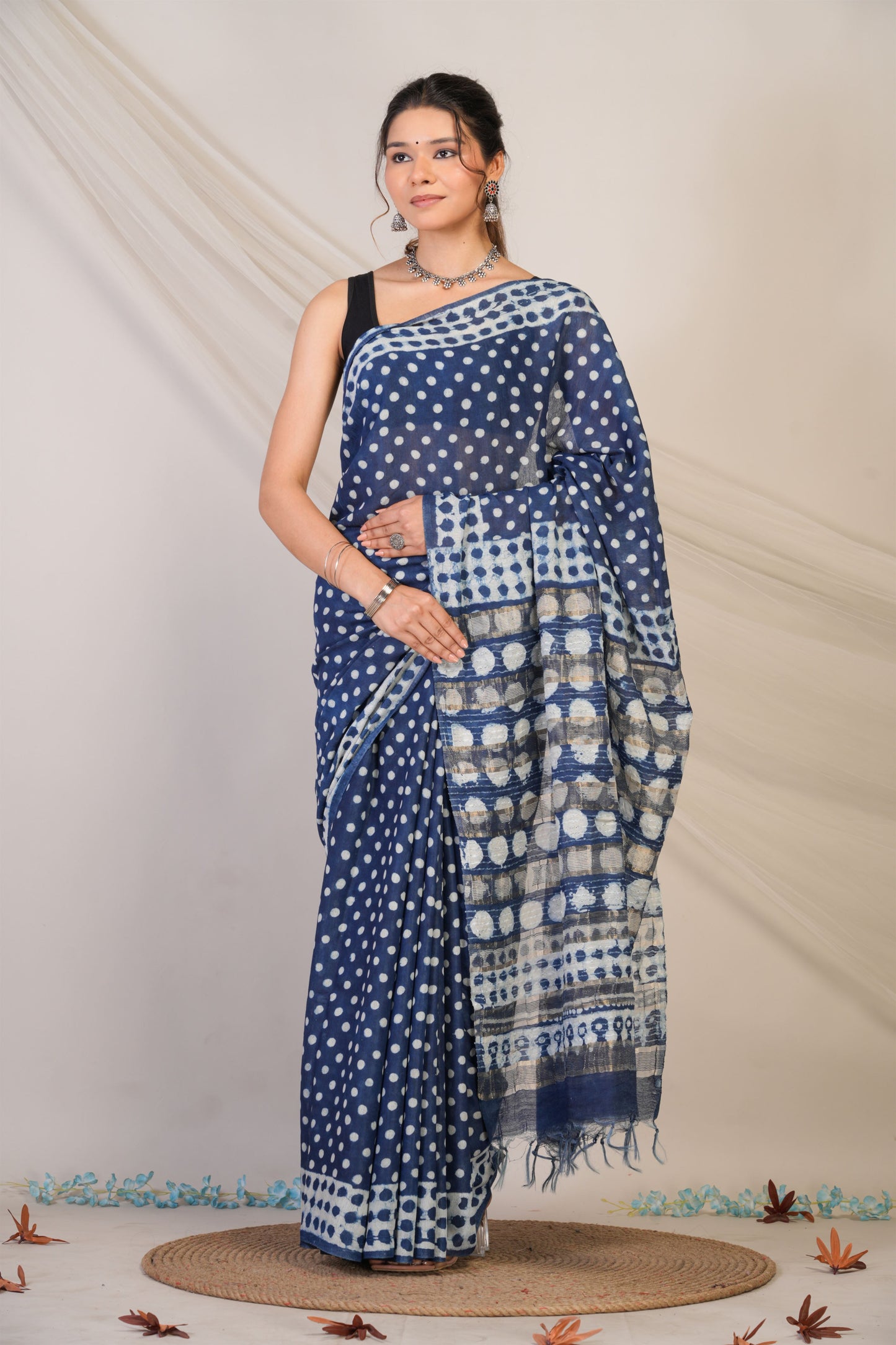 Anuttara Bhagalpuri Blue Cotton Silk Polka Dot Saree with Unstitched Blouse_AFS1473-FS