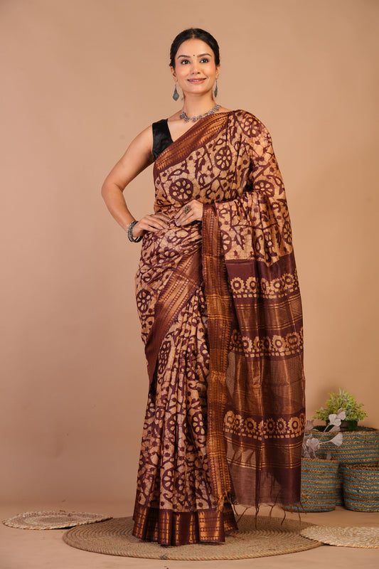 Anuttara Bhagalpuri Brown Cotton Silk Batik Print Saree with Unstitched Blouse_AFS1493-FS