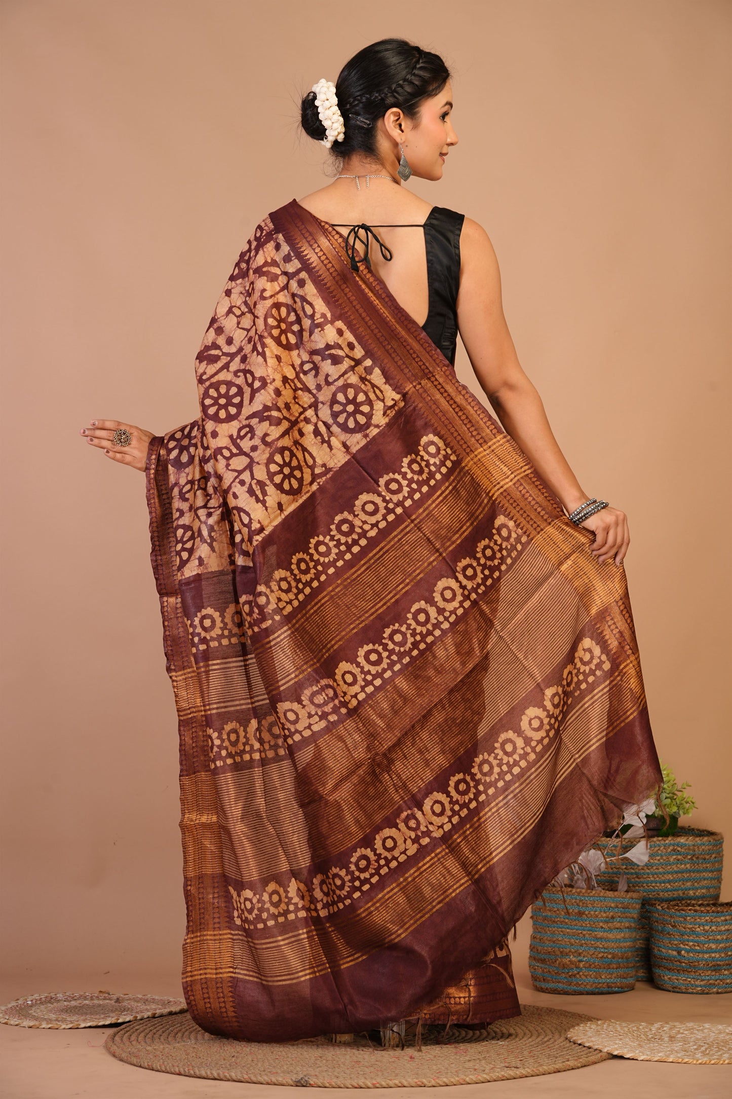 Anuttara Bhagalpuri Brown Cotton Silk Batik Print Saree with Unstitched Blouse_AFS1493-FS