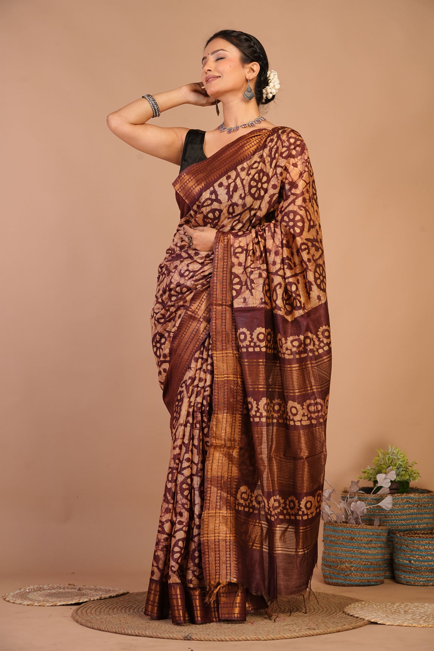 Anuttara Bhagalpuri Brown Cotton Silk Batik Print Saree with Unstitched Blouse_AFS1493-FS