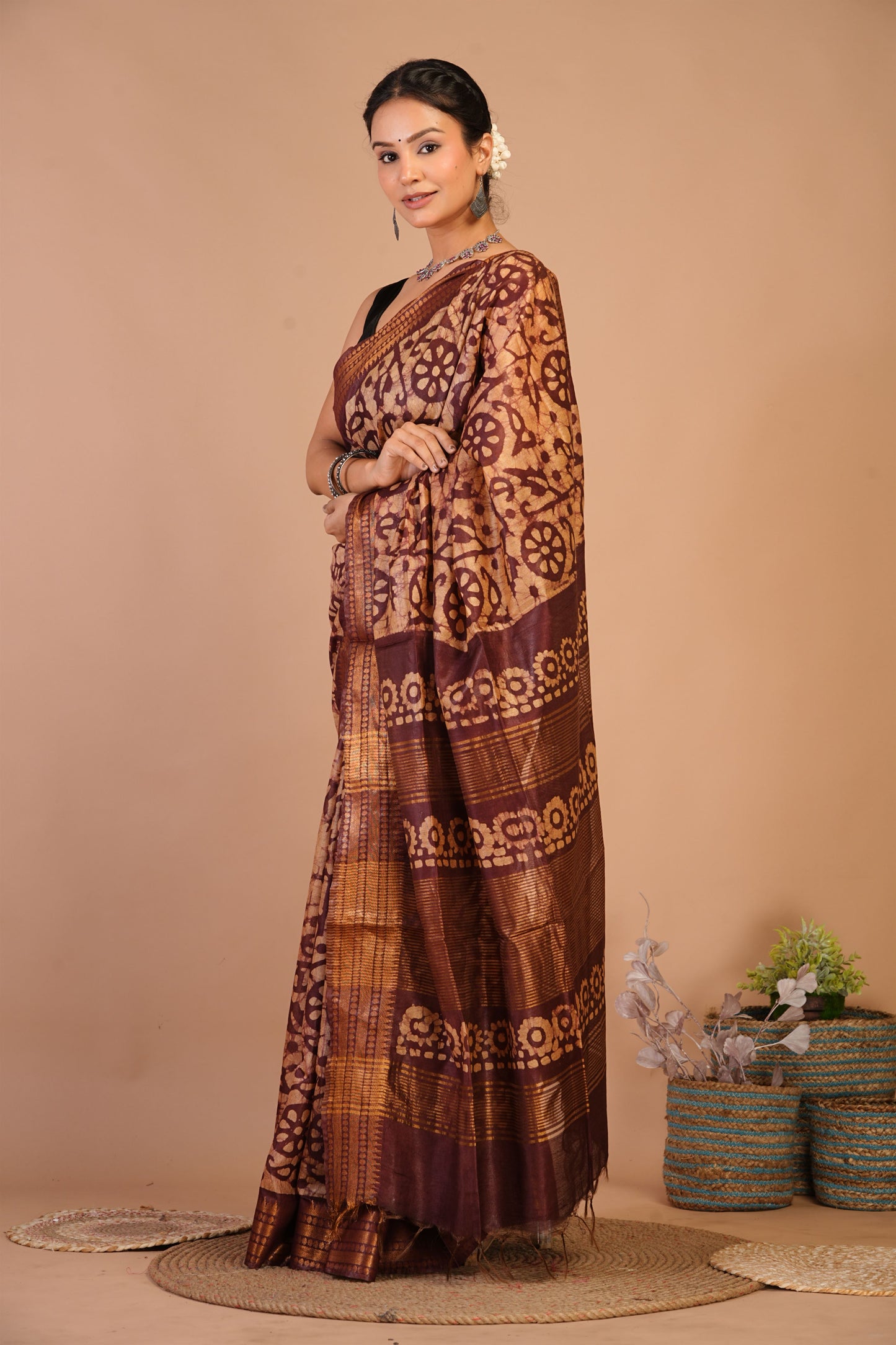 Anuttara Bhagalpuri Brown Cotton Silk Batik Print Saree with Unstitched Blouse_AFS1493-FS