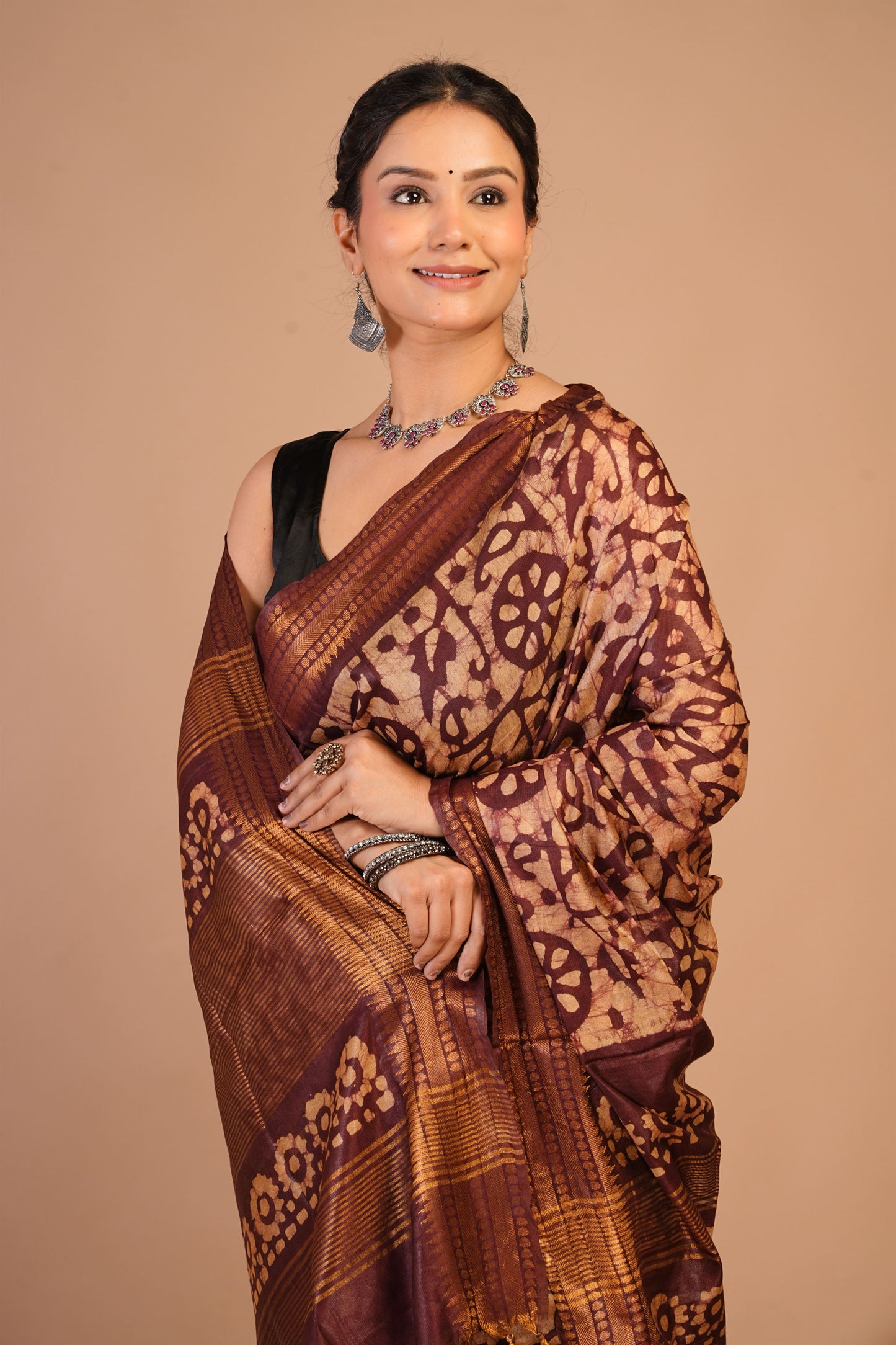 Anuttara Bhagalpuri Brown Cotton Silk Batik Print Saree with Unstitched Blouse_AFS1493-FS