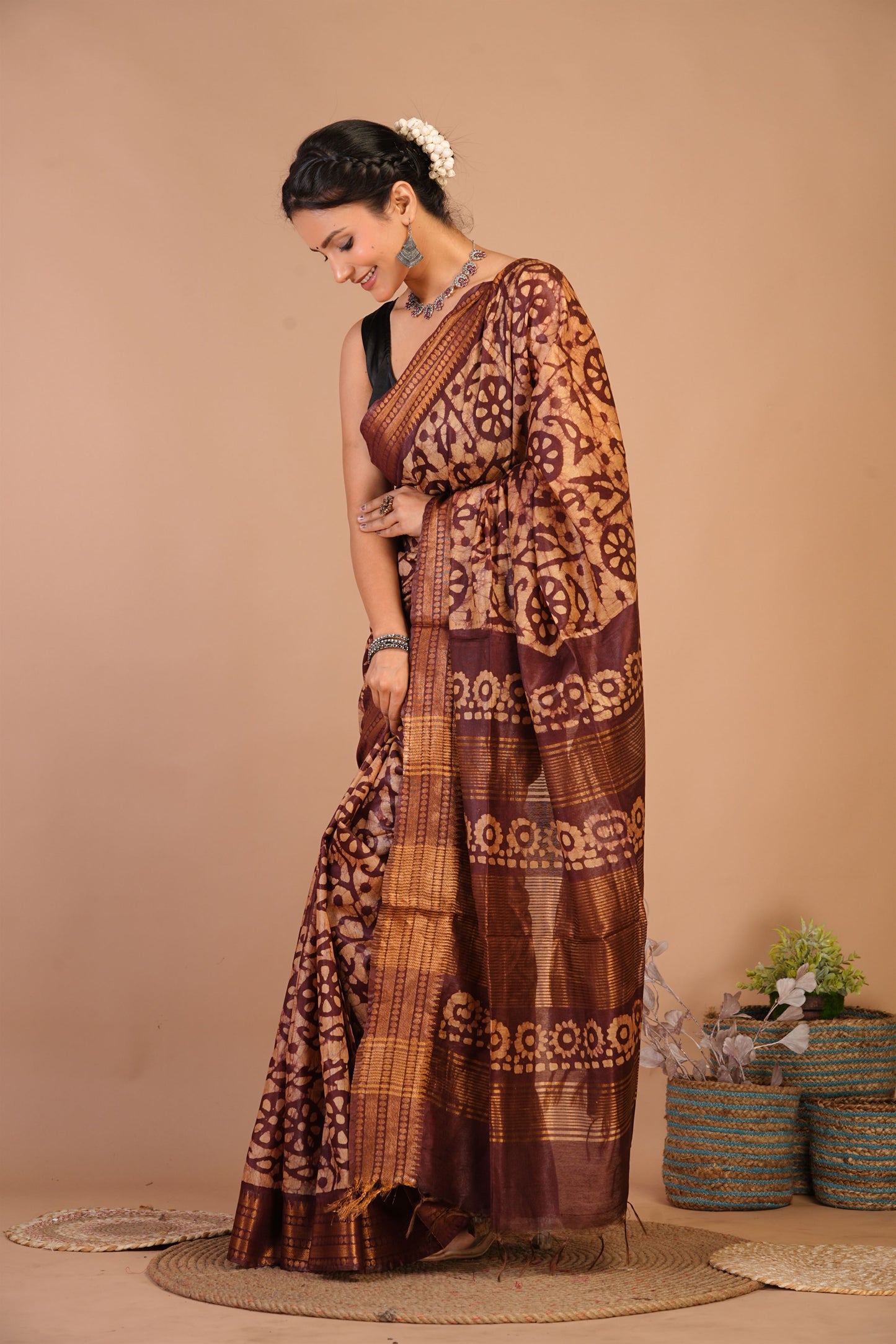 Anuttara Bhagalpuri Brown Cotton Silk Batik Print Saree with Unstitched Blouse_AFS1493-FS