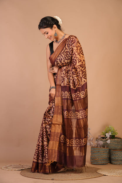 Anuttara Bhagalpuri Brown Cotton Silk Batik Print Saree with Unstitched Blouse_AFS1493-FS