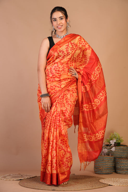 Anuttara Bhagalpuri Orange Cotton Silk Batik Print Saree with Unstitched Blouse_AFS1494-FS