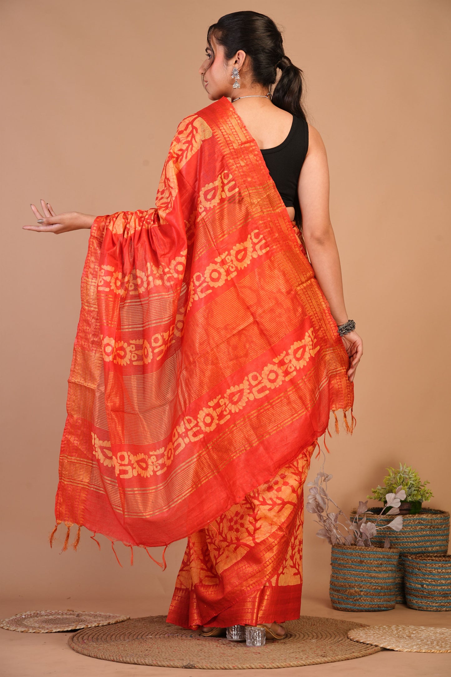 Anuttara Bhagalpuri Orange Cotton Silk Batik Print Saree with Unstitched Blouse_AFS1494-FS