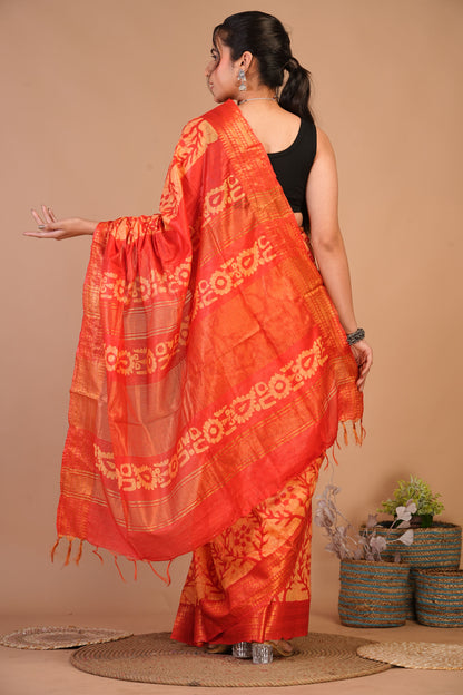 Anuttara Bhagalpuri Orange Cotton Silk Batik Print Saree with Unstitched Blouse_AFS1494-FS