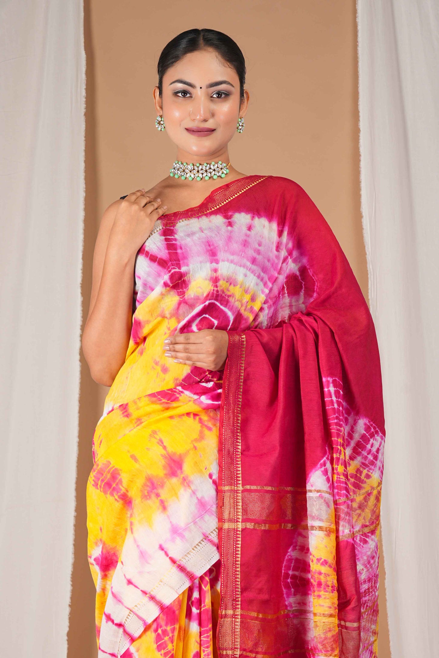 Anuttara Women's Bhagalpuri Multicolor Silk Blend Leheriya with Maheshwari Border Ethnic Saree With Blouse_AFS1520-FS