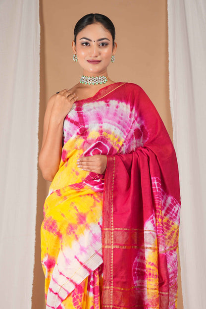 Anuttara Women's Bhagalpuri Multicolor Silk Blend Leheriya with Maheshwari Border Ethnic Saree With Blouse_AFS1520-FS