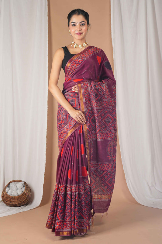 Anuttara Women's Bhagalpuri Maroon Cotton Silk Hand Block with Golden Border Ethnic Saree With Blouse_AFS1524-FS