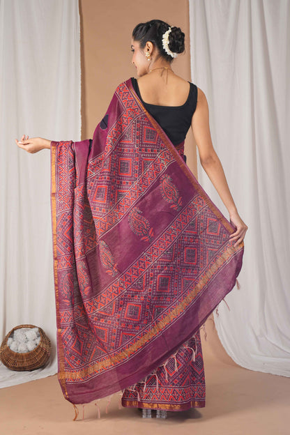 Anuttara Women's Bhagalpuri Maroon Cotton Silk Hand Block with Golden Border Ethnic Saree With Blouse_AFS1524-FS