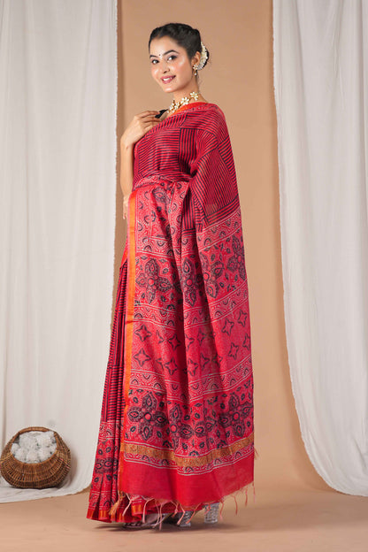 Anuttara Women's Bhagalpuri Red Cotton Silk Hand Block with Golden Border Ethnic Saree With Blouse_AFS1525-FS