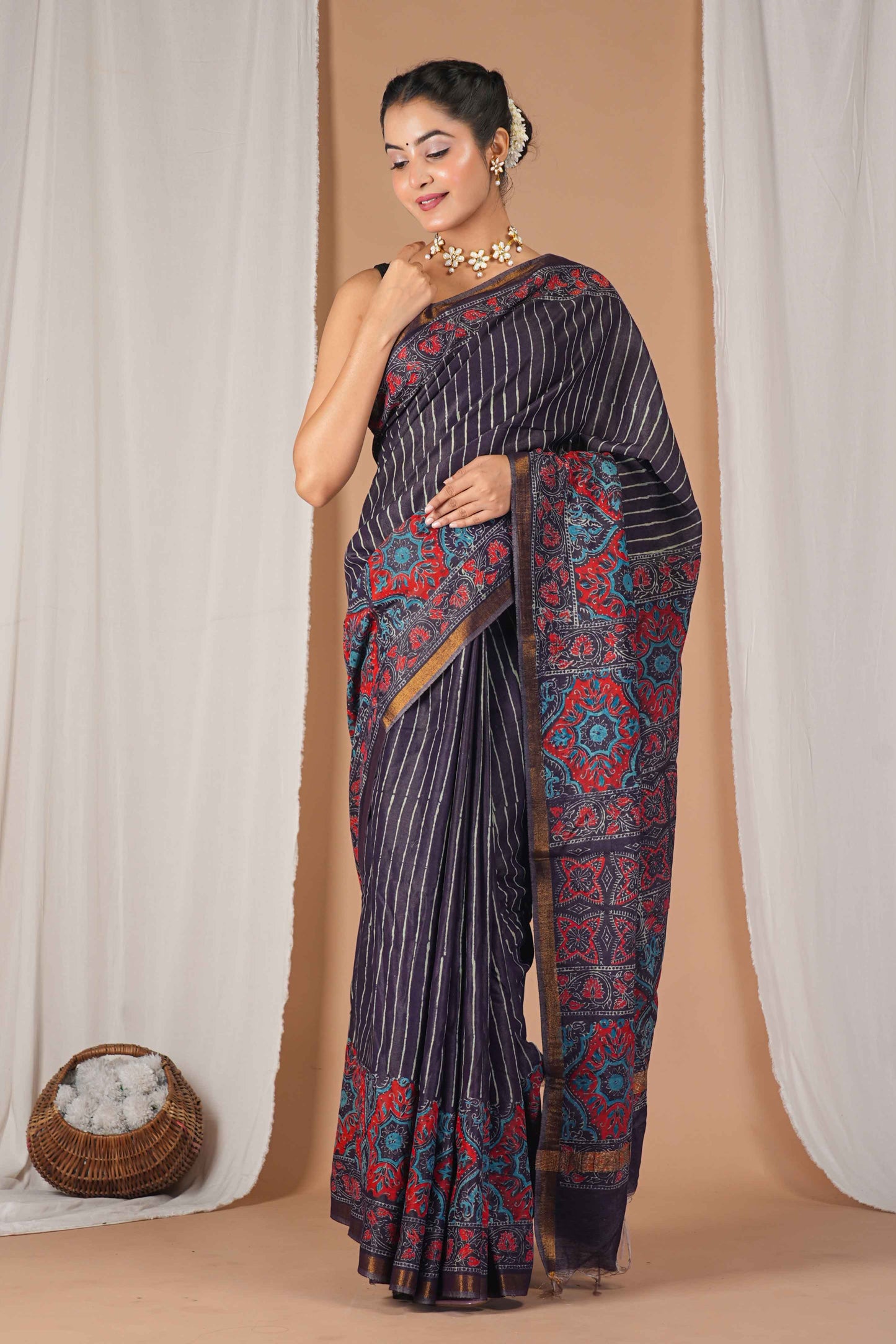 Anuttara Women's Bhagalpuri Purple Cotton Silk Hand Block with Golden Border Ethnic Saree With Blouse_AFS1526-FS