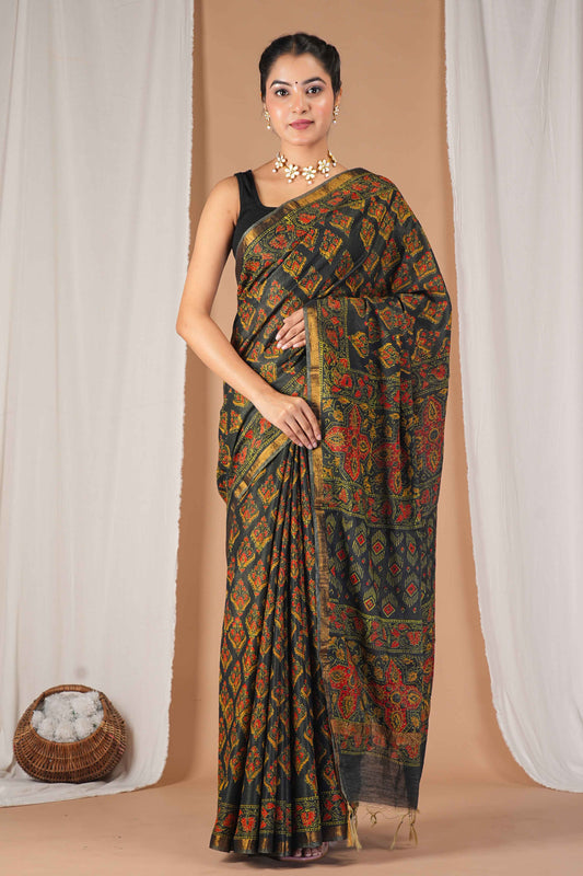 Anuttara Women's Bhagalpuri Rama Green Cotton Silk Hand Block with Golden Border Ethnic Saree With Blouse_AFS1527-FS
