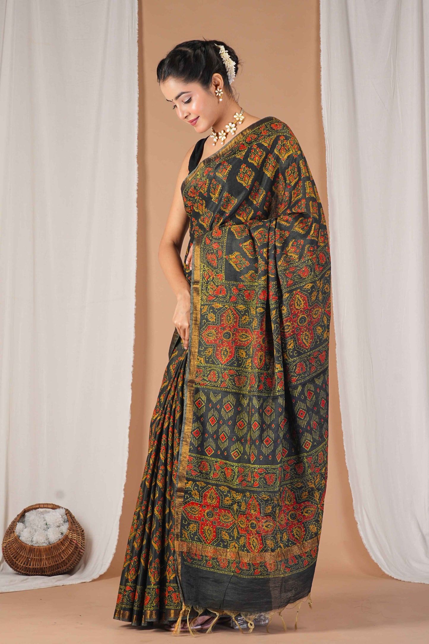 Anuttara Women's Bhagalpuri Rama Green Cotton Silk Hand Block with Golden Border Ethnic Saree With Blouse_AFS1527-FS