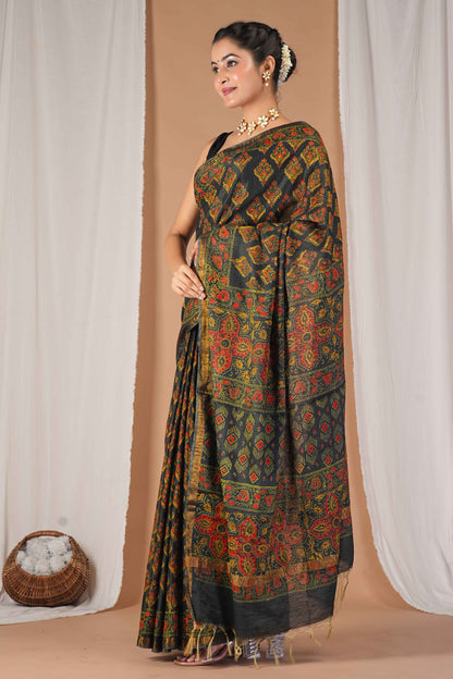 Anuttara Women's Bhagalpuri Rama Green Cotton Silk Hand Block with Golden Border Ethnic Saree With Blouse_AFS1527-FS
