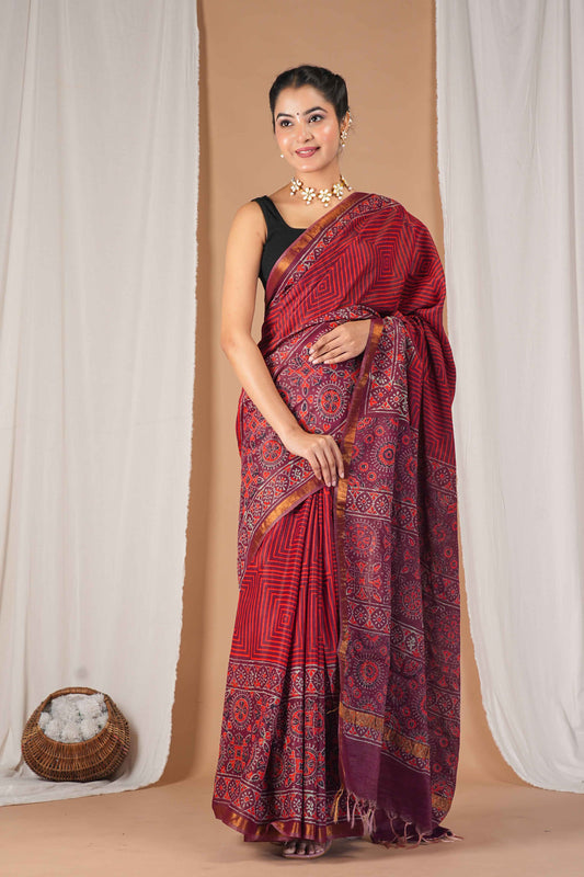 Anuttara Women's Bhagalpuri Maroon Cotton Silk Hand Block with Golden Border Ethnic Saree With Blouse_AFS1528-FS