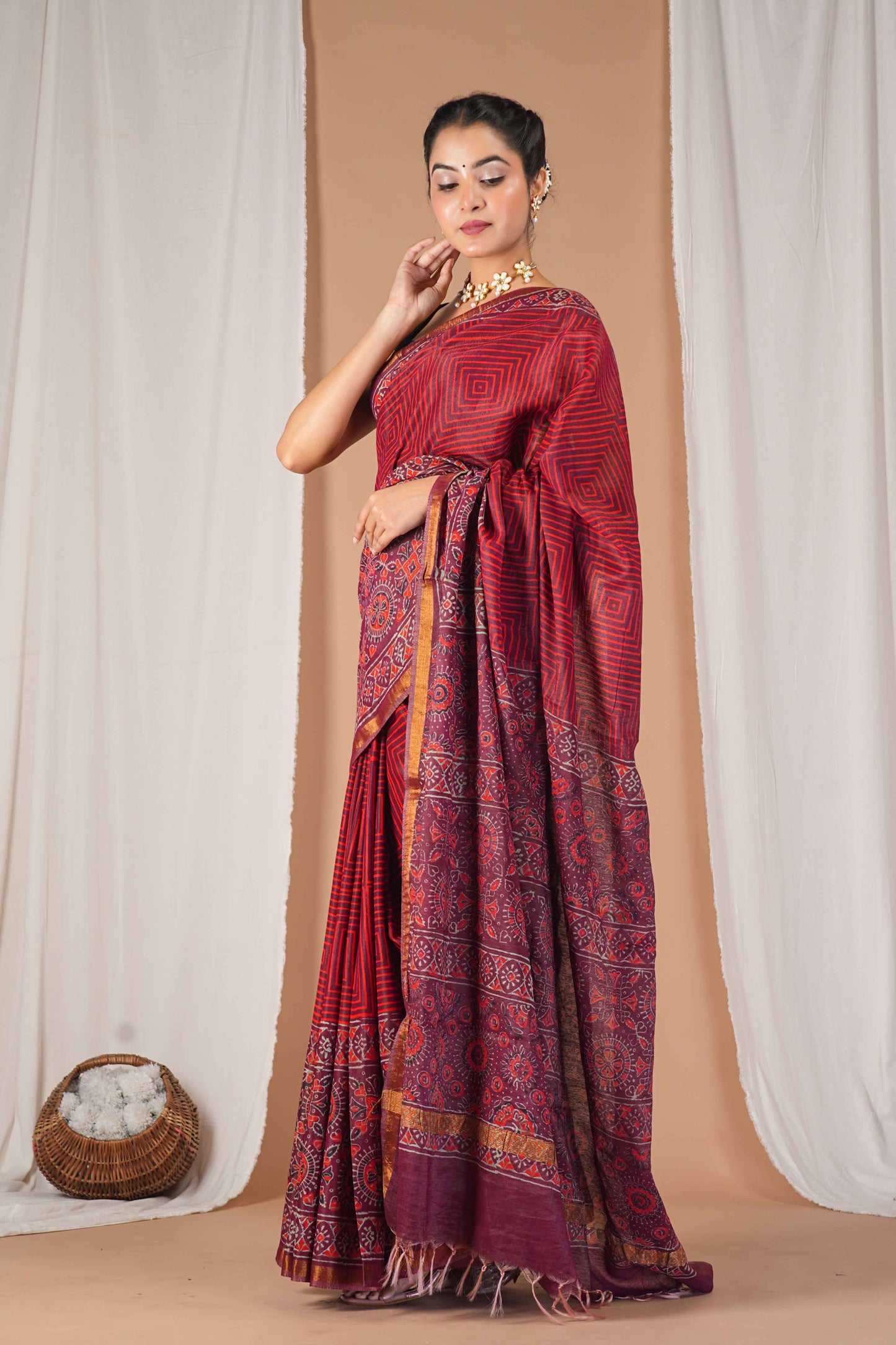 Anuttara Women's Bhagalpuri Maroon Cotton Silk Hand Block with Golden Border Ethnic Saree With Blouse_AFS1528-FS